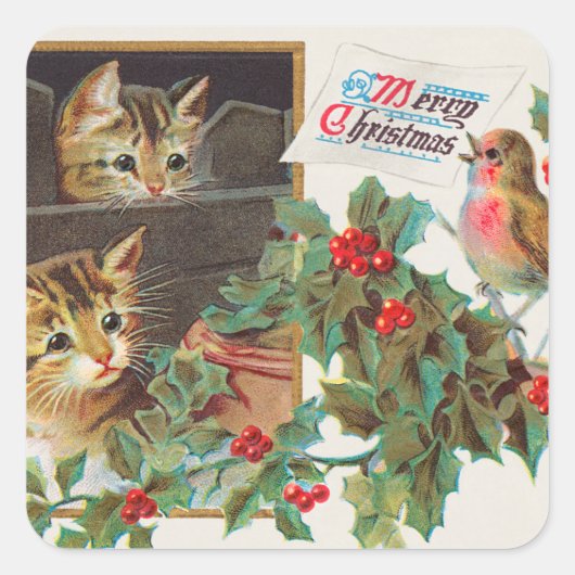  kerstfeestdag voor katten en vogels vierkante sticker (Voorkant)