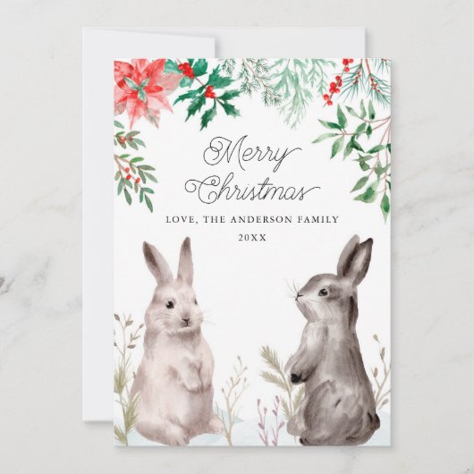 Kerstfeestdag Waterverf Bunny. Konijn, Floral Feestdagenkaart (Voorkant)