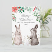 Kerstfeestdag Waterverf Bunny. Konijn, Floral Feestdagenkaart (Staand voorkant)