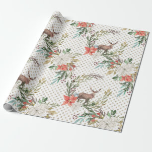 Kerstfeestdag - Waterverf Deer & Pointsettia2 Cadeaupapier
