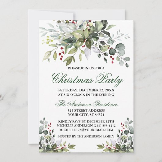 kerstfeestdag Waterverf Greenery Berries Kaart (Voorkant)