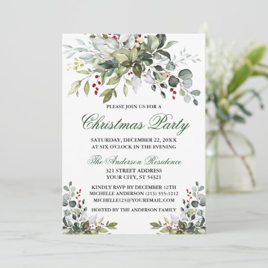 kerstfeestdag Waterverf Greenery Berries Kaart (Staand voorkant)