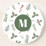 Kerstfeestdag Waterverf Greenery en Berry Zandsteen Onderzetter<br><div class="desc">Een mooi waterverf groen en rood bessenpatroon lijsten je initiaal op dit onderzetter voor een uitstapje.</div>