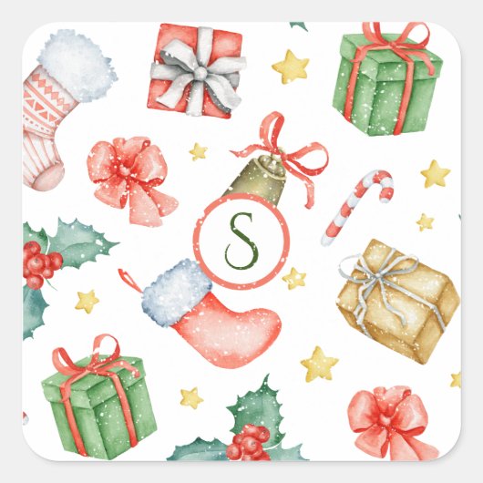 kerstfeestdag  Waterverf monogram Vierkante Sticker (Voorkant)