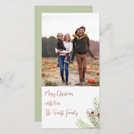 Kerstfeestdag Waterverf Pine Red Berries Feestdagenkaart (Voorkant / Achterkant)