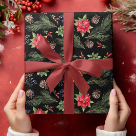 Kerstfeestdag Waterverf Poinsettia Floral Cadeaupapier