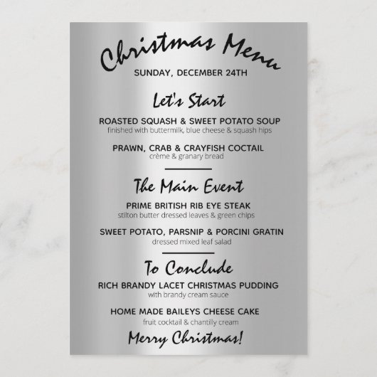 Kerstfeestdag wintermenu Silver Floral Menu (Achterkant)