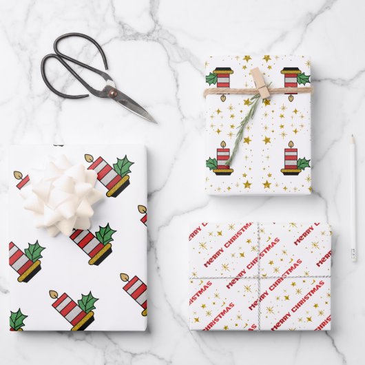 kerstFeestdagen Gold Stars Kandles Glitter Wrap Inpakpapier Vel (Voorkant)