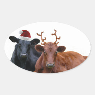 Kerstfeestdagen Koeien in Santa Hat en Antlers Ovale Sticker