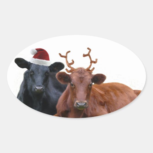 Kerstfeestdagen Koeien in Santa Hat en Antlers Ovale Sticker (Voorkant)