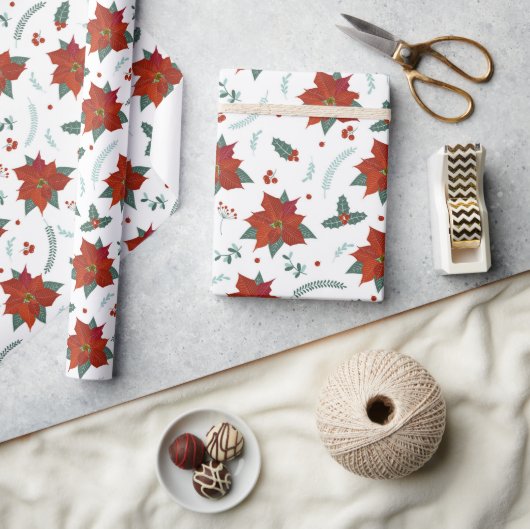 KerstFeestdagen Red Poinsettia Floral Pattern Cadeaupapier (Crafts)