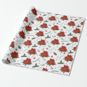 KerstFeestdagen Red Poinsettia Floral Pattern Cadeaupapier (Uitgerold)