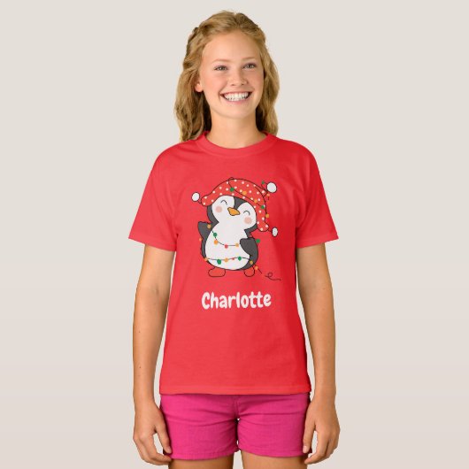 kerstfeestelijke pinguïn Red, aangepaste meisjesna T-shirt (Voorkant volledig)