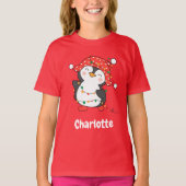 kerstfeestelijke pinguïn Red, aangepaste meisjesna T-shirt (Voorkant)