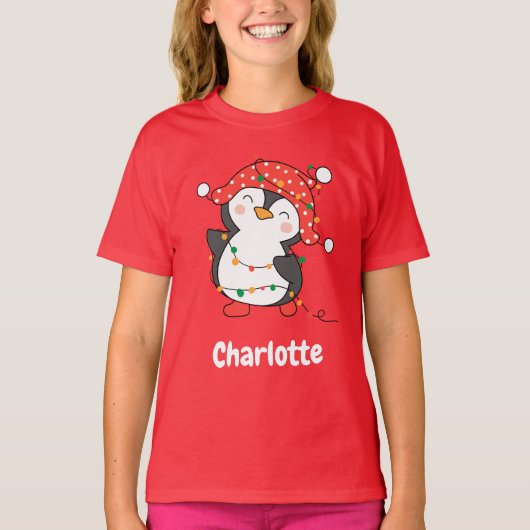 kerstfeestelijke pinguïn Red, aangepaste meisjesna T-shirt (Voorkant)