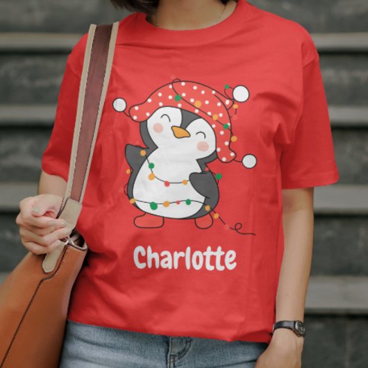 kerstfeestelijke pinguïn Red, aangepaste meisjesna T-shirt