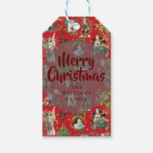 kerstfeestelijke rode familienaam cadeaulabel (Voorkant)