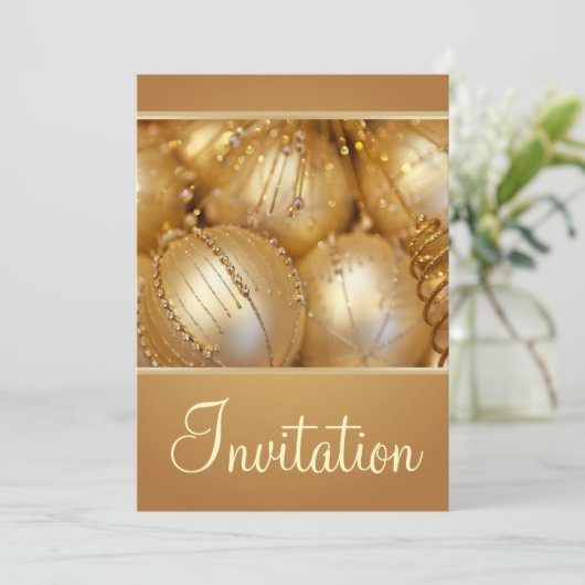 Kerstfeestelijke uitnodiging met gouden Ornamenten (Staand voorkant)