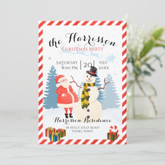 kerstfeestelijke uitnodiging met santa en sneeuwma (Staand voorkant)
