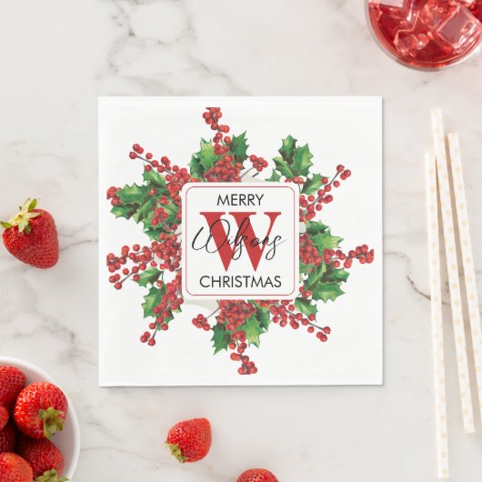 kerstfeestjes Monogram rood en groen Servet (Insitu)