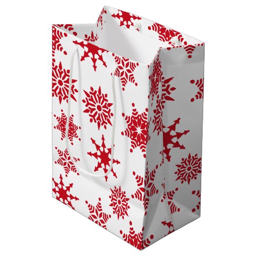 Kerstfeestjes, witte en rode sneeuwvlokken medium cadeauzakje (Voorkant Gekanteld)