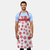 Kerstfeestjes, witte en rode sneeuwvlokken schort (Gedragen)