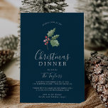 kerstfeestmaal met kerstmis | marine kaart<br><div class="desc">Deze kerstgroene kerstfeestelijke blauwe uitnodigingskaart is perfect voor een eenvoudige feestelijke gebeurtenis. Het ontwerp van de wintervakantie is voorzien van een zachte,  groene waterverf holly tak met piek van klassieke rode holly bessen.</div>