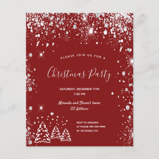 Kerstfeestrode zilveren uitnodiging flyer (Voorkant)