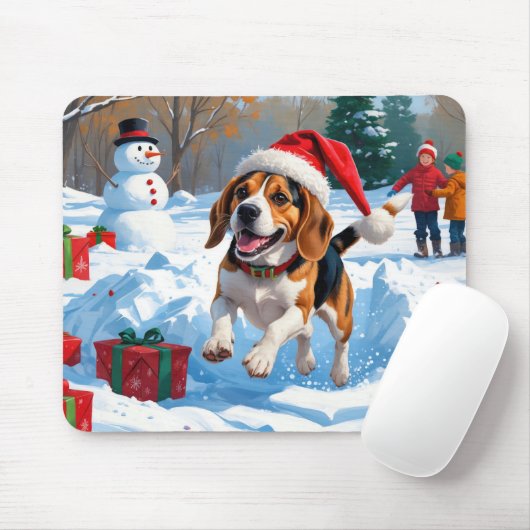 Kerstfeestsneeuwsfeer met Beagle Muismat (Met muis)