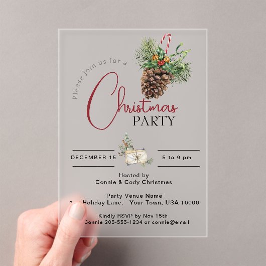 KERSTFEESTUITNODIGING, DENNENBOON & SNOEPRIET ACRYL UITNODIGINGEN (Insitu (Draagbaar))