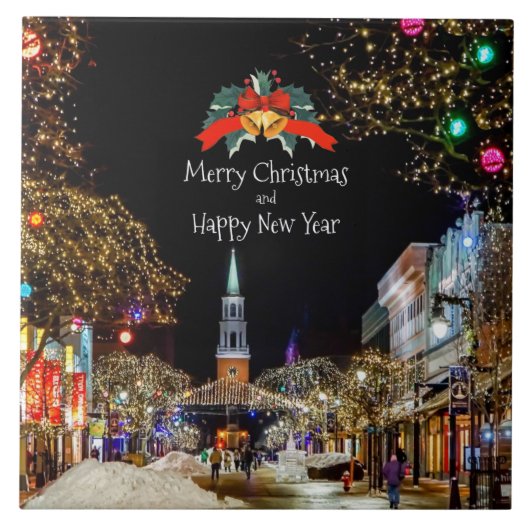 Kerstfeestvieren, felle lichten en blaasjes tegeltje (Voorkant)