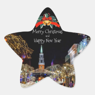 kerstfeestvieren, felle lichten en bubbels, ster sticker