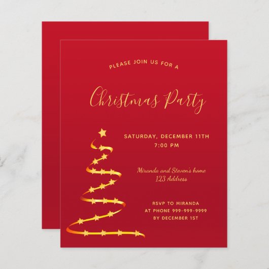 Kerstfeestviering uitnodiging in rood goud modern  (Voorkant / Achterkant)