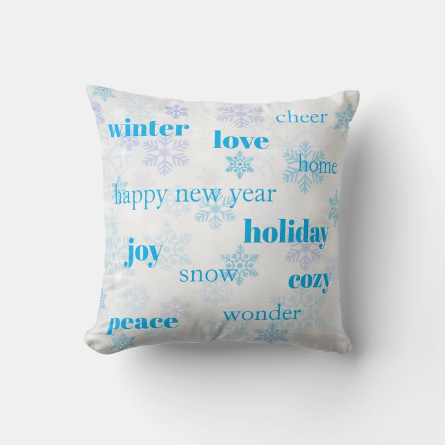 Kerstfeestwoorden Typografie Blue Snowflakes Kussen (Voorkant)