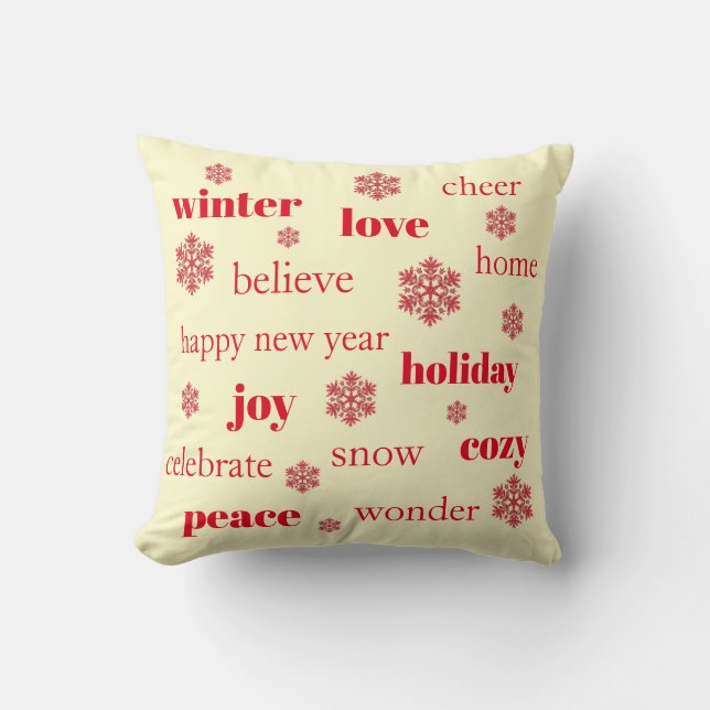 Kerstfeestwoorden Typografie Red Snowflakes Kussen (Voorkant)