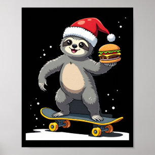 KERSTFENAAR Fun Kerst Skateboard Luiaard ( Poster
