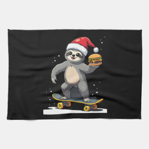 KERSTFENAAR Grappige Kerst Skateboard Luiaard ( Theedoek