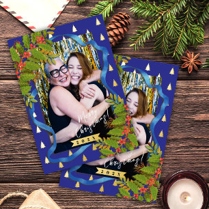 Kerstfestival lint Foto rood blauw Folie Feestdagen Briefkaart