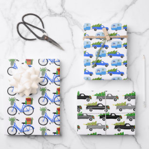 kerstfietsen met vrachtwagens die een gevarieerpak inpakpapier vel