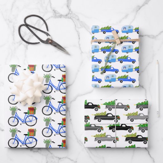 kerstfietsen met vrachtwagens die een gevarieerpak inpakpapier vel (Voorkant)