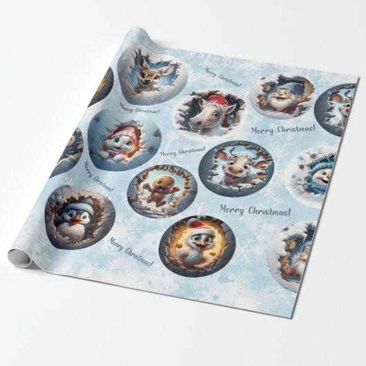 Kerstfiguren 3D Sneeuw Wereldbollen Wrapping Paper Cadeaupapier (Uitgerold)