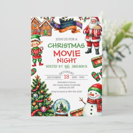 Kerstfilm Avond Kerstfeest Uitnodiging (Staand voorkant)