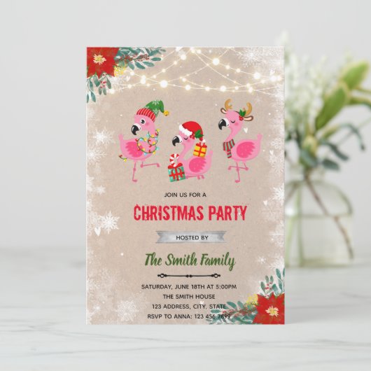 Kerstflamingo en uitnodiging voor gebaren (Staand voorkant)