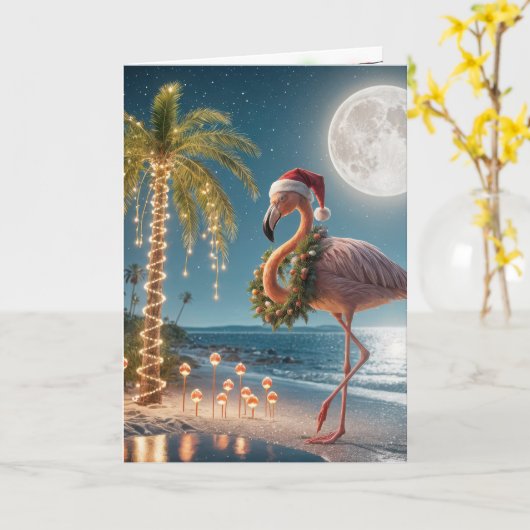 Kerstflamingo met een kerstmuts kaart (Gele Bloem)