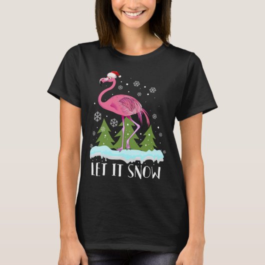 Kerstflamingo met kerstmuts, laat het sneeuwen t-shirt (Voorkant)