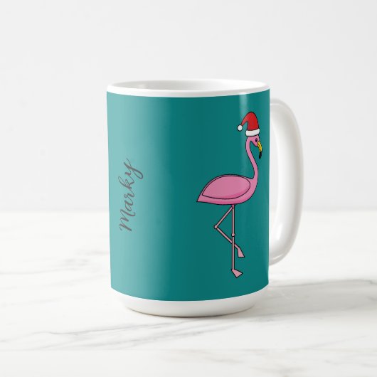 Kerstflamingo met kerstmuts | Naam toevoegen Koffiemok (Voorkant rechts)