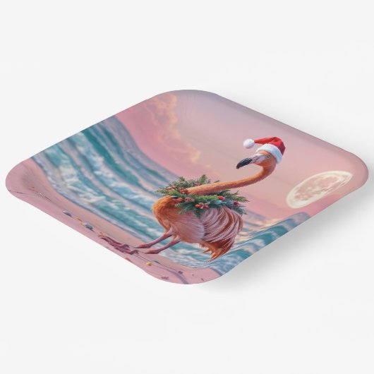 Kerstflamingo op het roze strand papieren bordje (Gebogen)