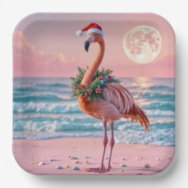 Kerstflamingo op het roze strand papieren bordje