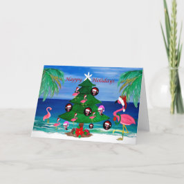 Kerstflamingo's snoeien een boom Kerstgroet. Bedankkaart