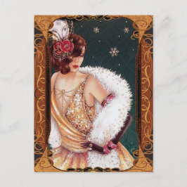 Kerstflappermeisje in een gouden glinsterende jurk briefkaart